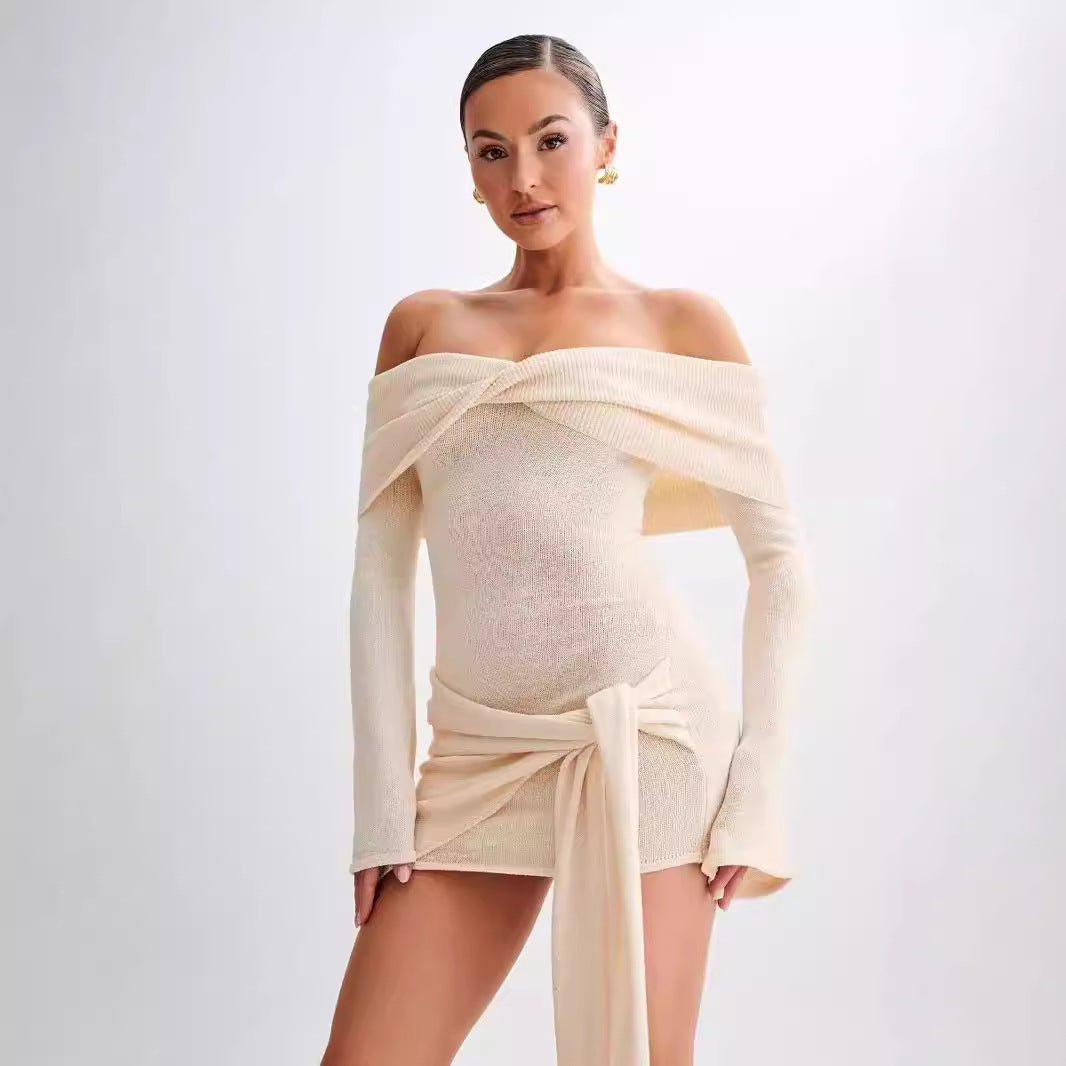 Off Shoulder Twist Front Long Sleeve Side Knot Tie Bodycon Mini Dress