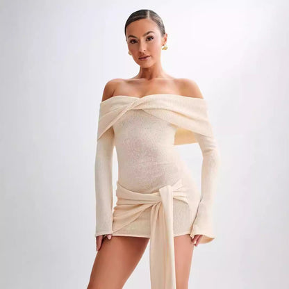 Off Shoulder Twist Front Long Sleeve Side Knot Tie Bodycon Mini Dress