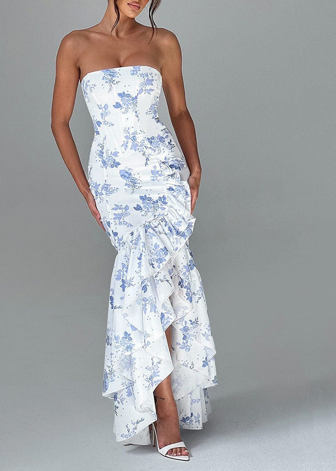 Strapless Fitted Bodice Asymmetric Ruffle High Low Floral Print Maxi Dress