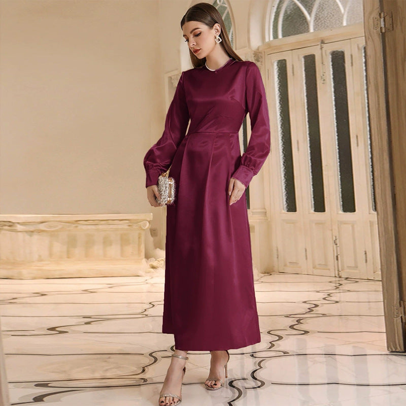 Round Neck Long Sleeve Satin A-Line Maxi Dress