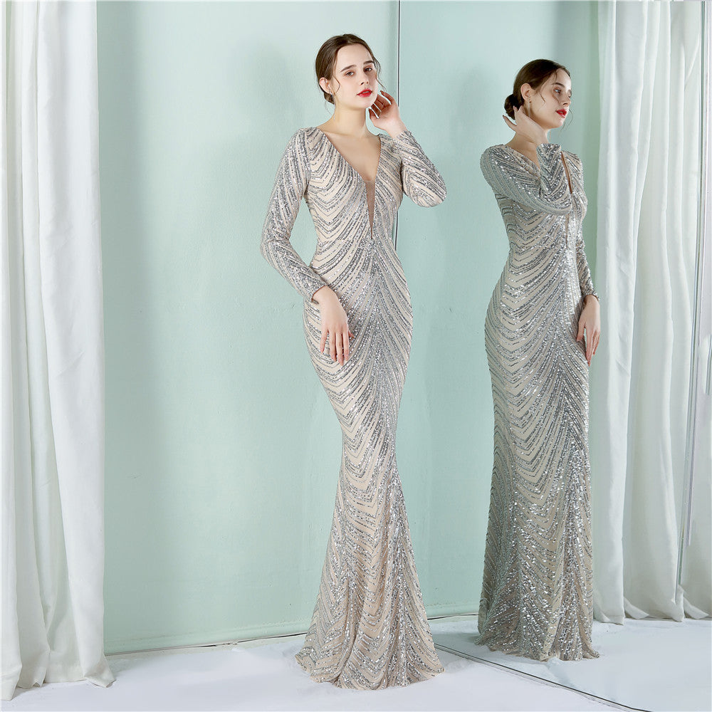 Positioning Floral Sequin Evening Banquet Elegant Long Sleeve Sequined Queen Fishtail Dress