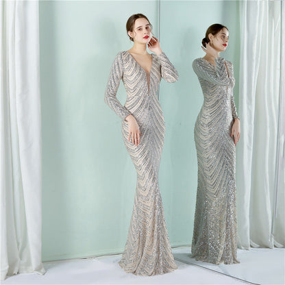 Positioning Floral Sequin Evening Banquet Elegant Long Sleeve Sequined Queen Fishtail Dress