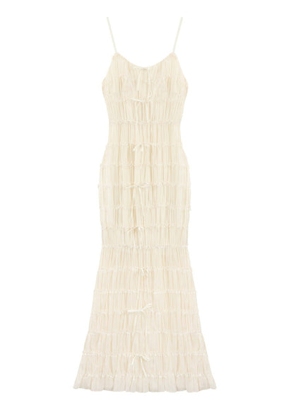 Spaghetti Strap Sweetheart Neck Smocked Tiered Ruffle Tie Front Maxi Dress