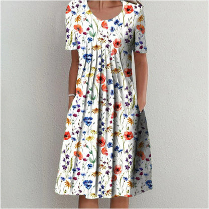 Wildflower Print Pleated Scoop Neck Pocket Midi Dress