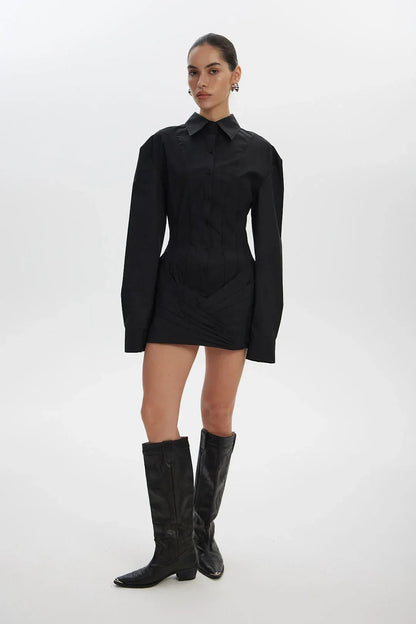 Women Long Sleeve Corset Shirt Mini Dress Bodycon