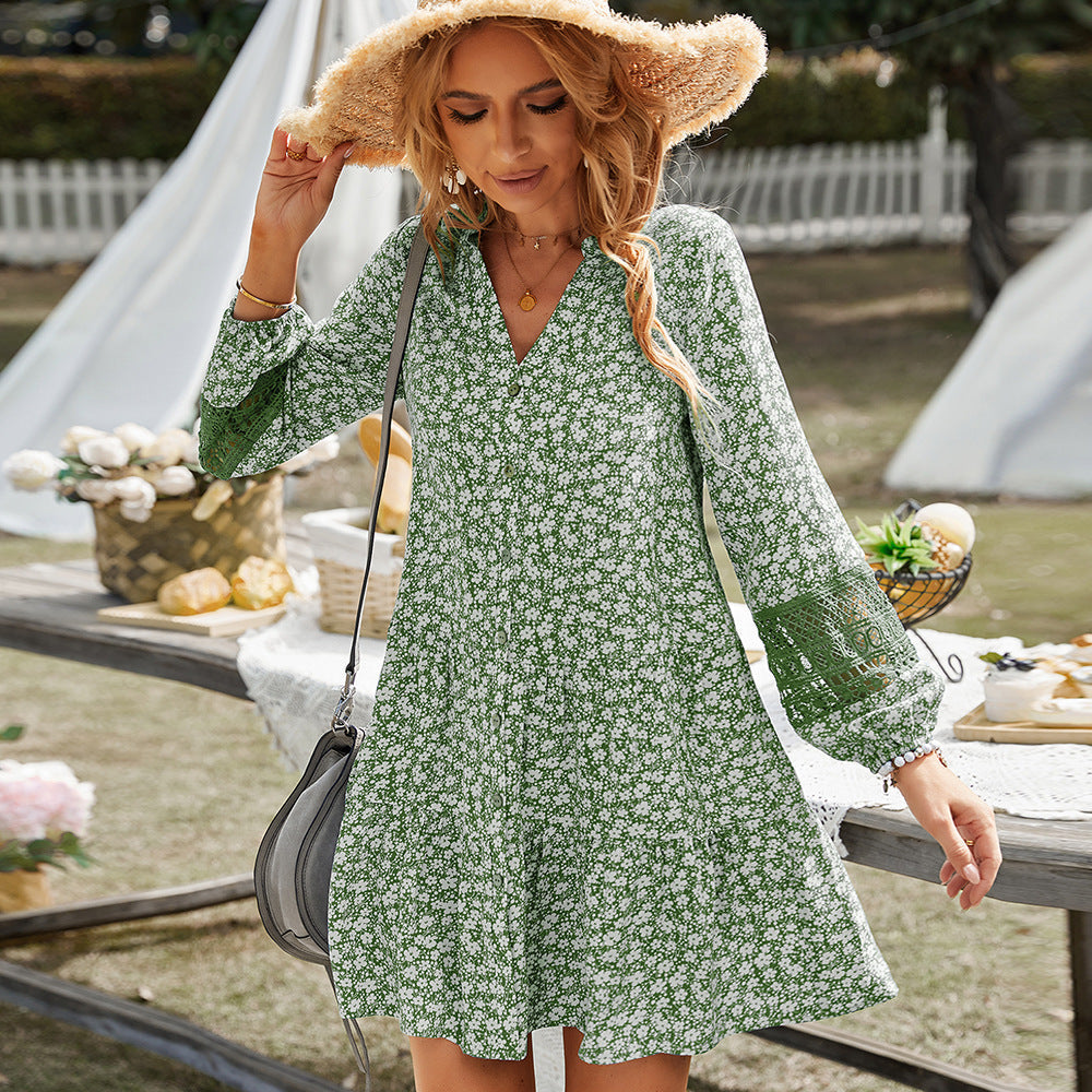 Ditsy Floral V-Neck Button-Front Lantern Sleeve Crochet Lace Insert Tiered Mini Dress