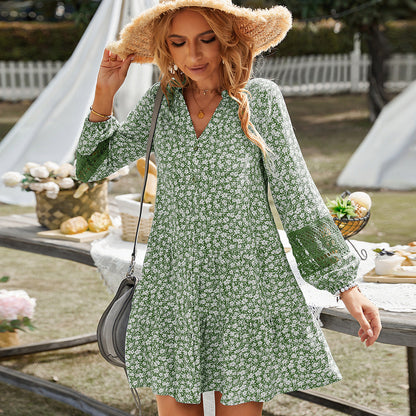 Ditsy Floral V-Neck Button-Front Lantern Sleeve Crochet Lace Insert Tiered Mini Dress