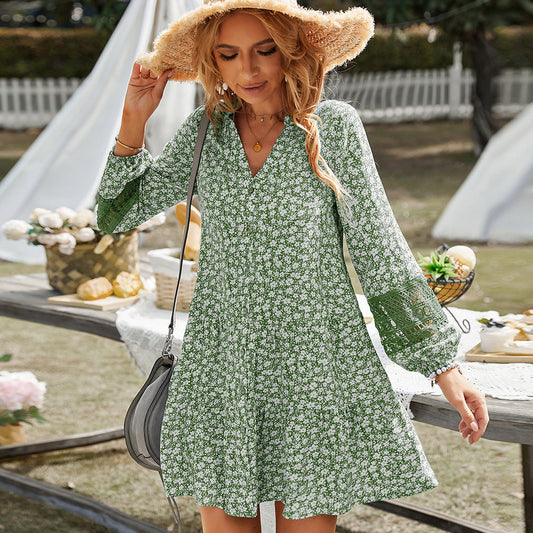 Ditsy Floral V-Neck Button-Front Lantern Sleeve Crochet Lace Insert Tiered Mini Dress