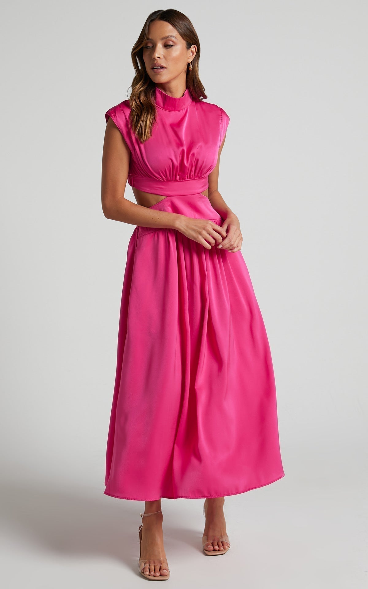 Mock Neck Cap Sleeve Pleated Bodice Waist Cutout Flared Midi Dress