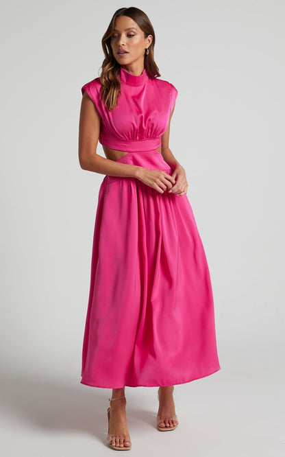 Mock Neck Cap Sleeve Pleated Bodice Waist Cutout Flared Midi Dress