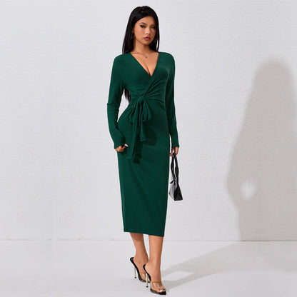 High Cold Elegant Dress  High Sense Anti Aging Lace up Midi Dress