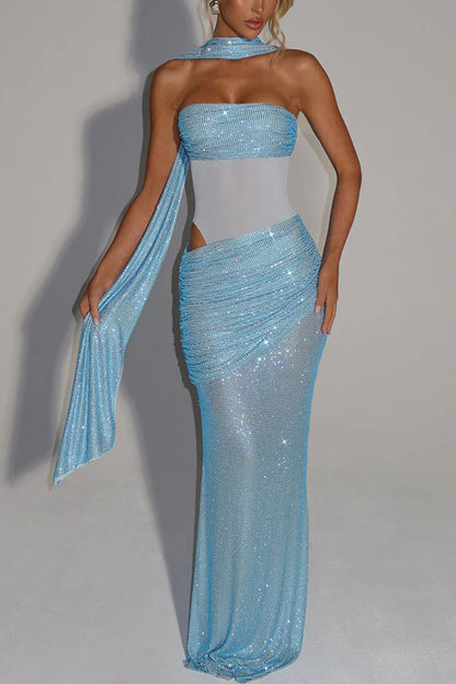 Kailani Sequin Strapless Mesh Cutout Waist Ruched Scarf Maxi Dress