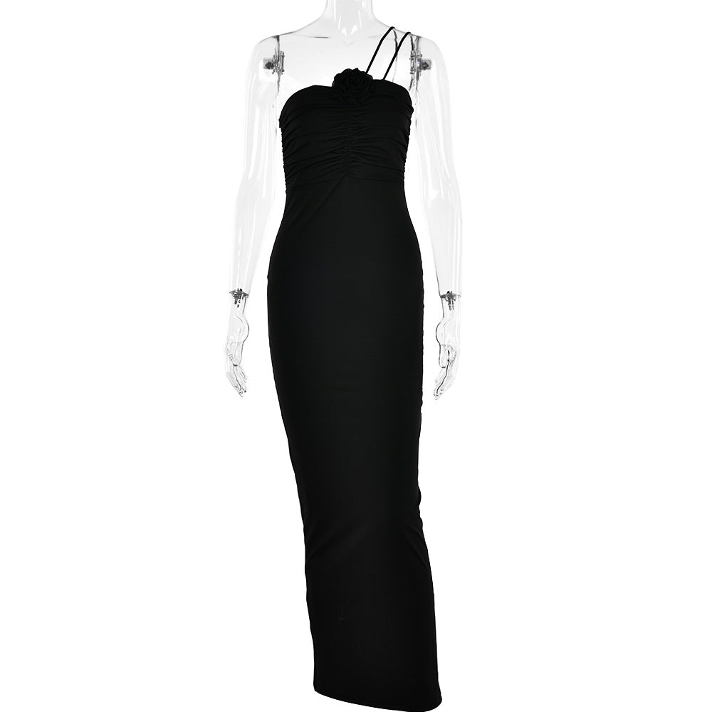 Applique Halter Neck Ruched Front Column Maxi Dress
