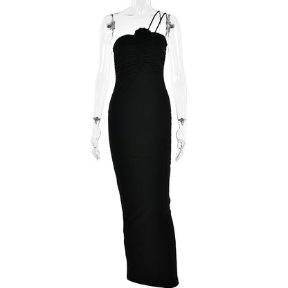 Applique Halter Neck Ruched Front Column Maxi Dress