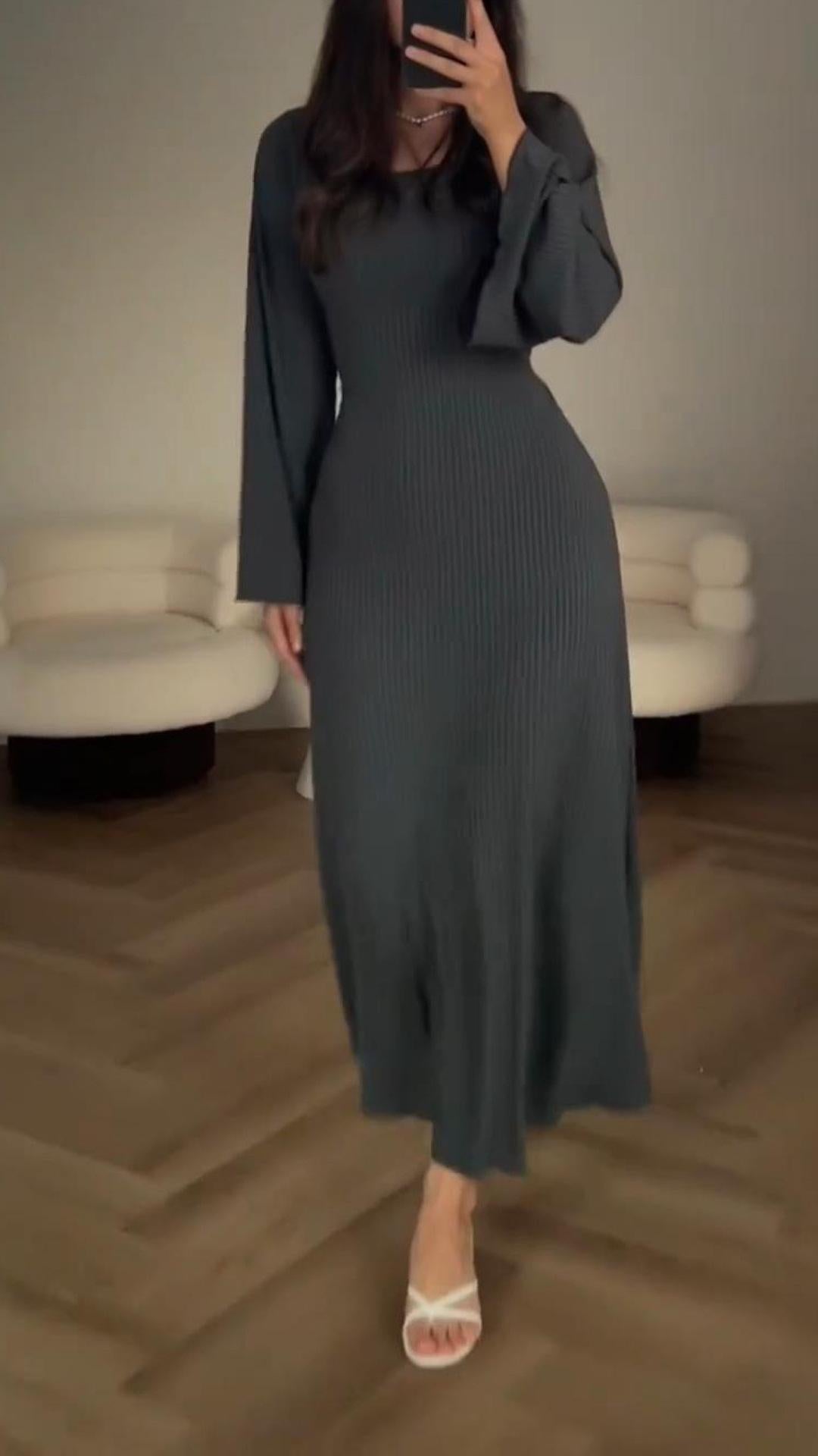 Rib Knit Scoop Neck Long Sleeve Bell Cuff Bodycon Maxi Dress