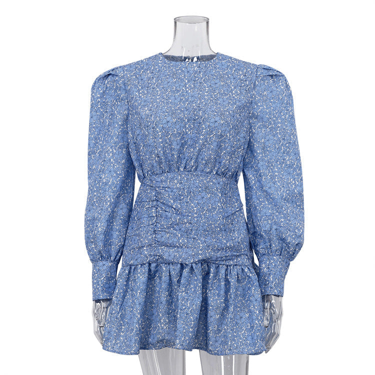 Printed Floral Dress Long Sleeve Cinched Pleated Casual Dress