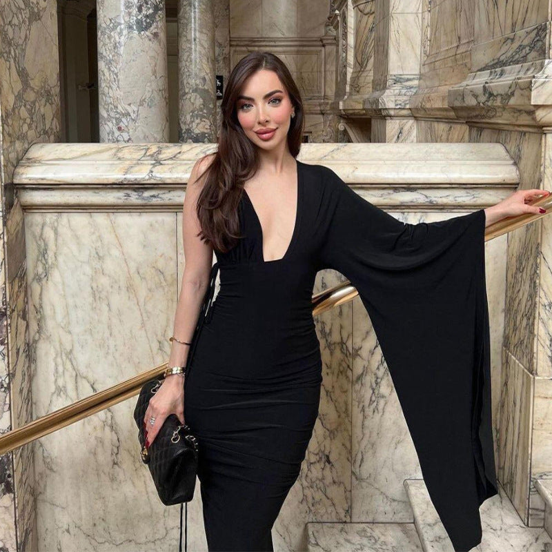 One Shoulder Sleeve Low Cut Backless Evening Dress for