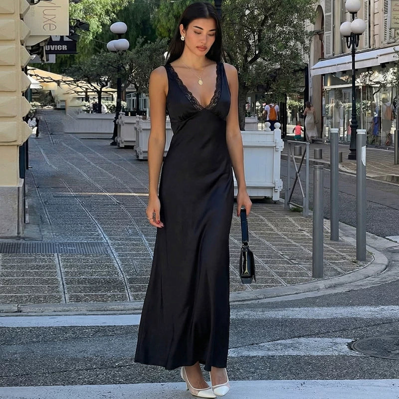 Satin Lace Spliced Maxi Dress