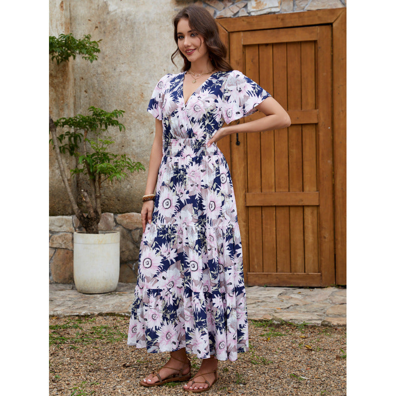 Sunflower Floral Print V-Neck Smocked Waist Flutter Sleeve Tiered Maxi Dress