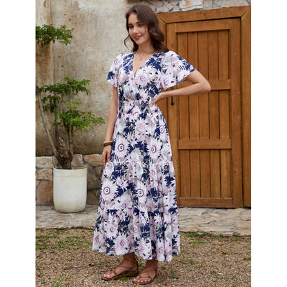 Sunflower Floral Print V-Neck Smocked Waist Flutter Sleeve Tiered Maxi Dress