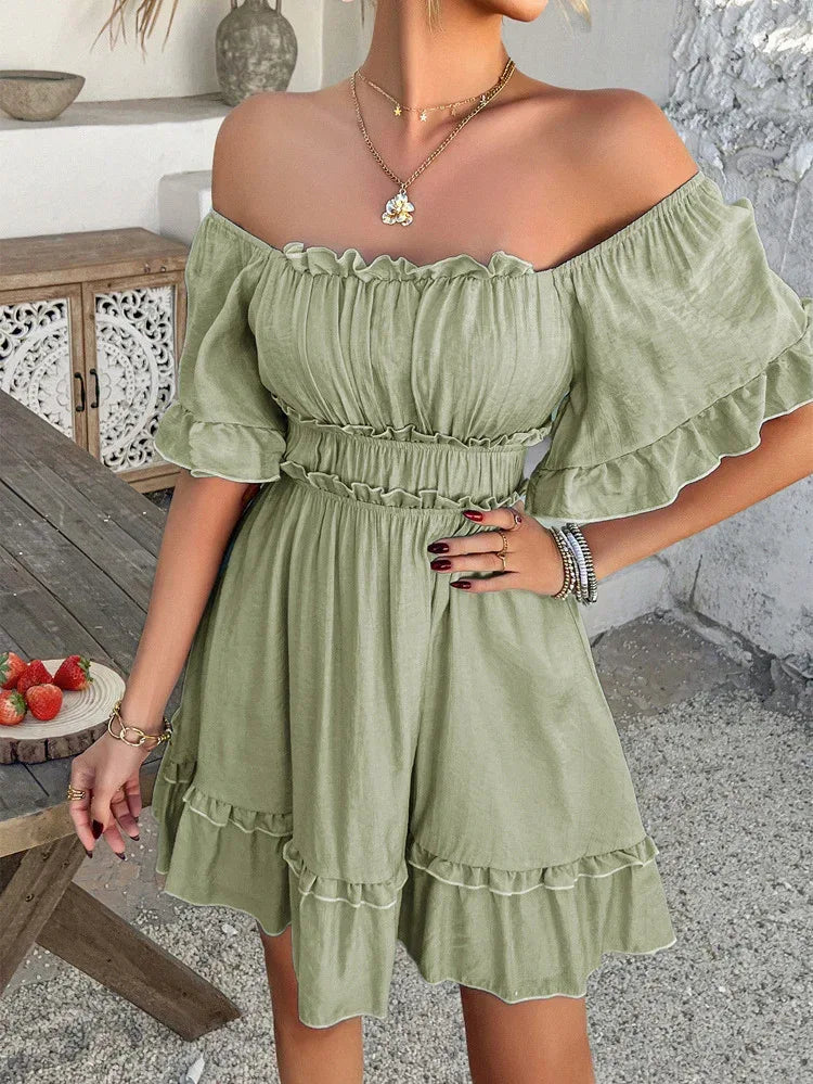 Green Ruffle Ruched Mini Dress Short Frilly