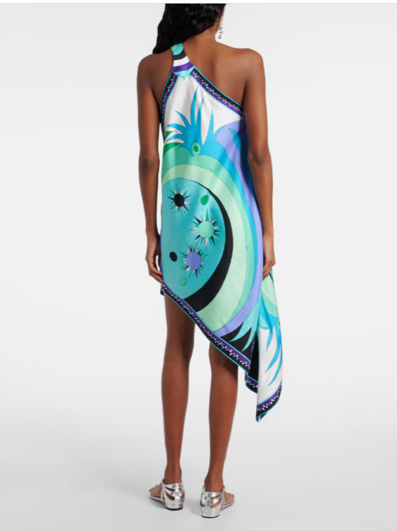 Naughty Lady Satin Unique Print One Shoulder Irregular Hem Vacation Midi Dress