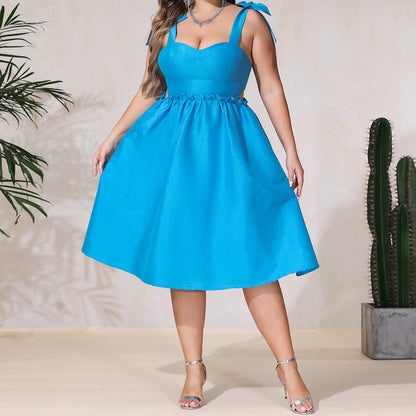 Plus Size Retro U Neck Shoulder Strap Backless High Waist Waist Tight Seaside Holiday Beach Dress