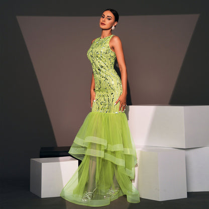 Elegant Long Sequined Sleeveless Round Neck Cocktail Evening Dress Bridesmaid Dress