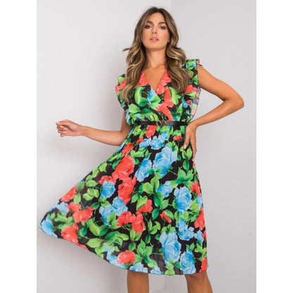 Large Floral Print Surplice V-Neck Ruffle Shoulder Pleated Belted Midi Dress