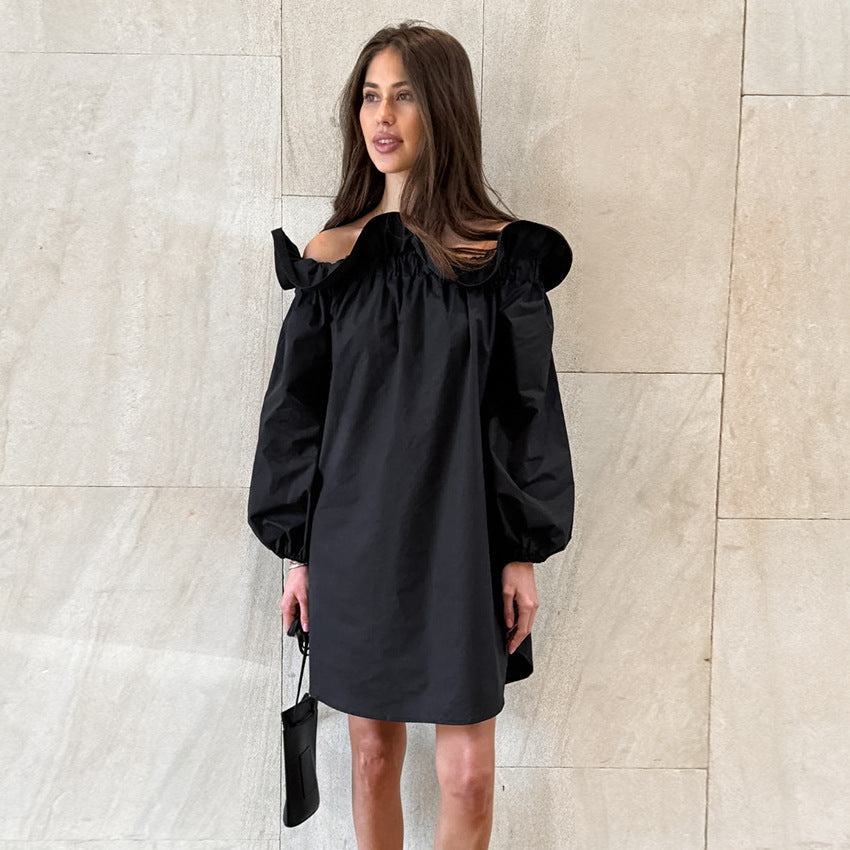 Loose Comfortable off Shoulder Long Sleeve Solid Color Homewear Cotton Simple Casual Nightdress