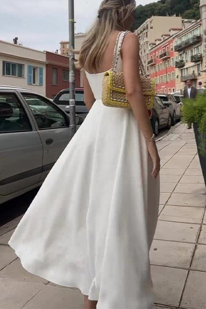 Square Neck Wide Strap Fit and Flare Pleated Tea Length Midi Dress