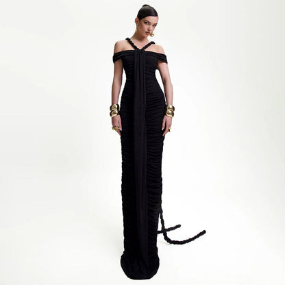 Elegant Graceful Off Neck Braid Pleated High Waist Figure Flattering Sheath