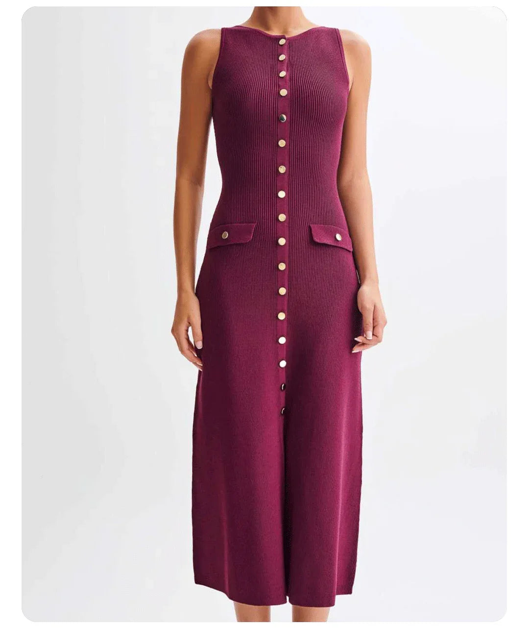 Burgundy Sleeveless Gold-Button Rib Knit Dress