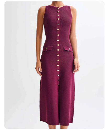Burgundy Sleeveless Gold-Button Rib Knit Dress