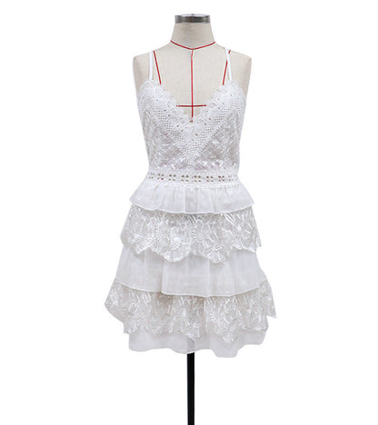 Backless Lace up Tiered Dress Short