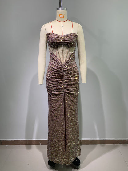 Luxury Heavy Embroidery Sequ Beaded Drill Chain Mesh Sleeveless Split Pleated Dress Elegant Dinner Gold Dress