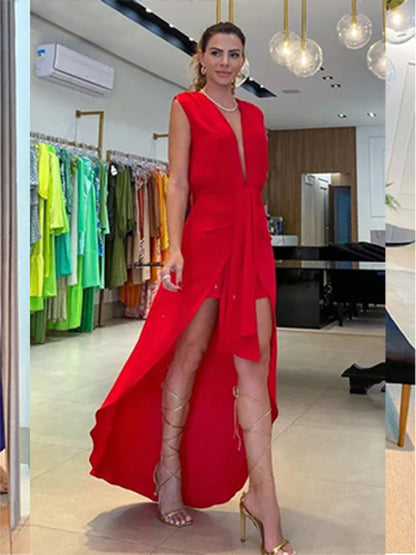 Large Deep V Plunge neck Adult Lady like Woman Sleeveless Double Layer Dress