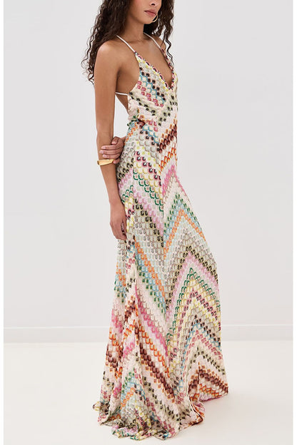 Missoni Summer Knit Colorful Herringbone Print Open Beck Maxi Dress