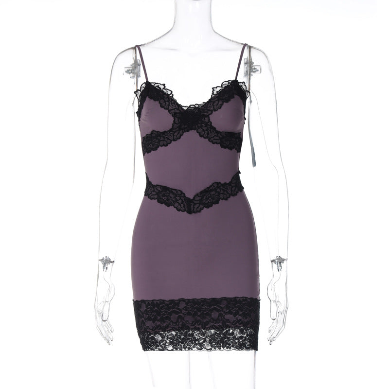 V Neck Spaghetti Strap Lace Panel Scalloped Hem Bodycon Mini Dress