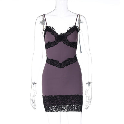 V Neck Spaghetti Strap Lace Panel Scalloped Hem Bodycon Mini Dress