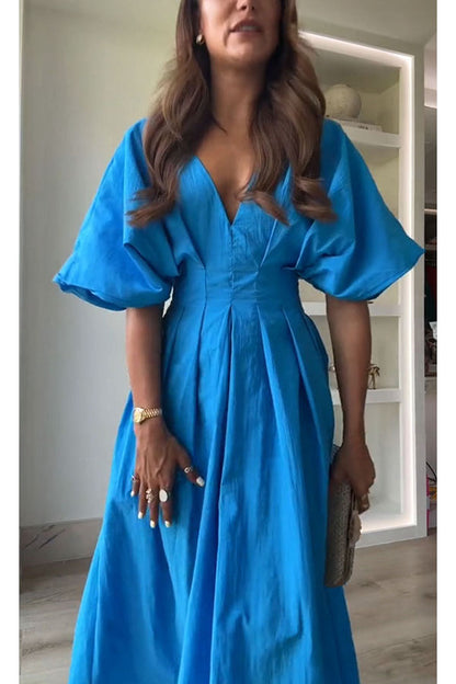 Antibes Linen Blend Princess Line Pleated Wide Puff Sleeve Midi Dress