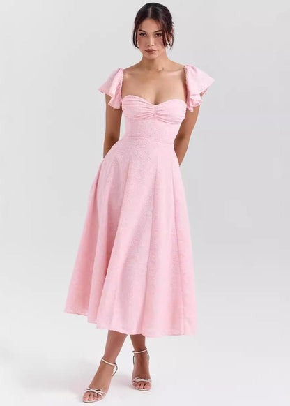 Floral Jacquard Sweetheart Ruched Bustier Flutter Sleeve Fit and Flare Midi Dress
