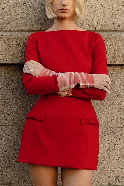 Budding Elegance Bow Detail Boat Neck Long Sleeve Mini Dress