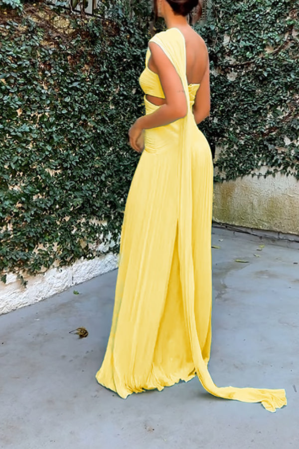 Forest Muse Chiffon Pleated Off Shoulder Cutout Waist Cape Maxi Dress