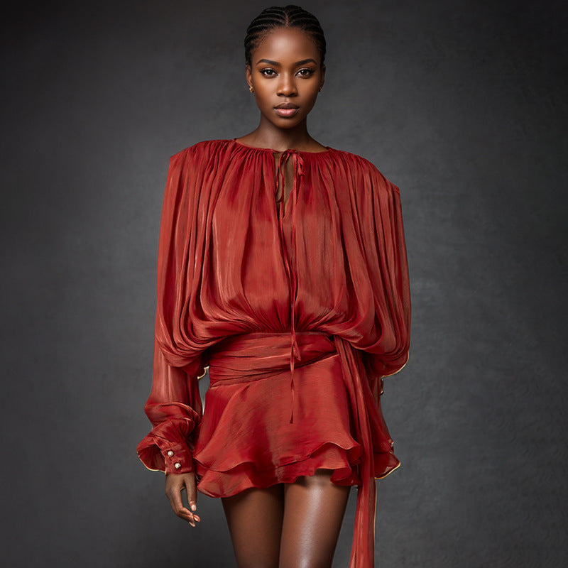 Puff Sleeve Lotus Leaf Skirt Early Pleated Design Short Mesh