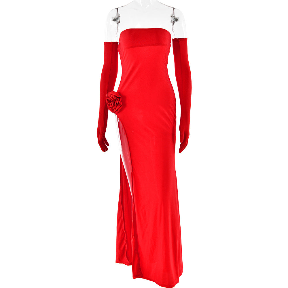 Strapless Floral Rosette High Slit Column Maxi Dress