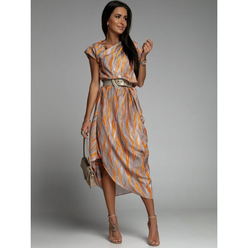 Abstract Wave Print Boat Neck Cap Sleeve Belted Asymmetrical Draped Hem Midi Dress