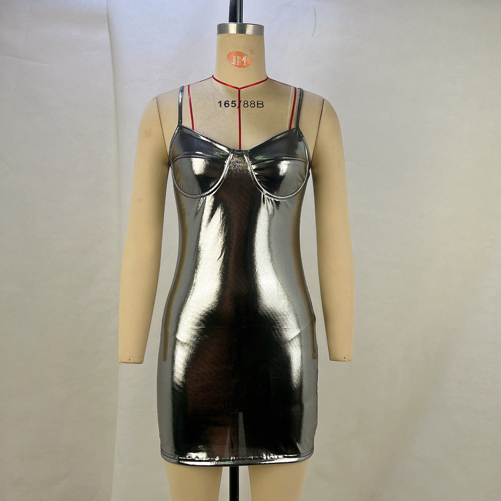 Metallic Sling Waist Tight Hip Bag Dress Mini Nightclub