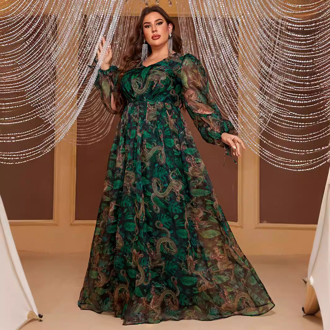 Plus Size Chiffon Maxi Dress Long Sleeve Elegant Random Print Maxi Dress for