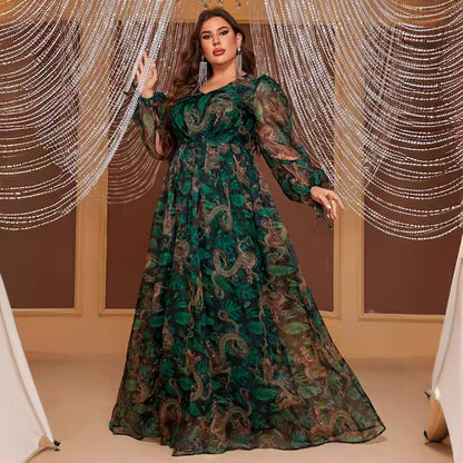 Plus Size Chiffon Maxi Dress Long Sleeve Elegant Random Print Maxi Dress for